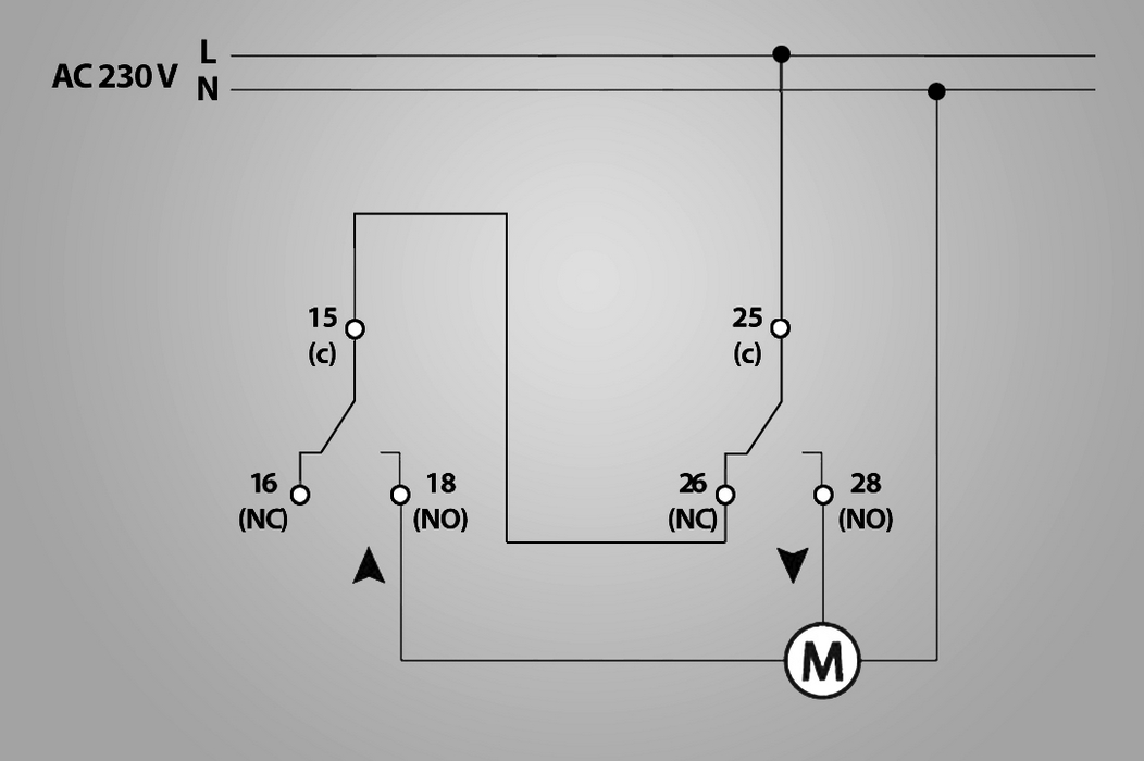 3. ábra: Univerzális relémodul (AC- és DC-motorokhoz egyaránt használható), bekötése a védelemmel.